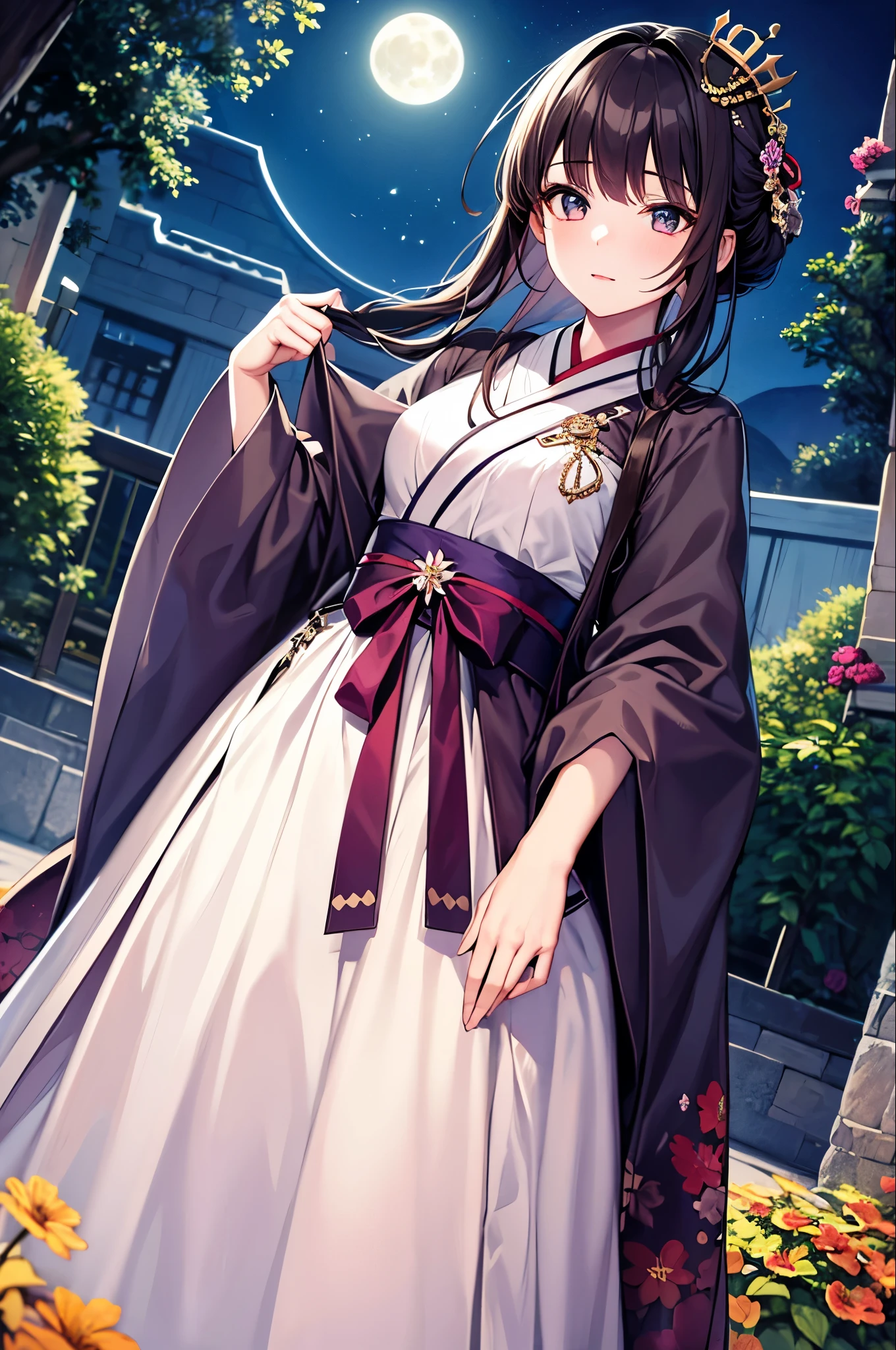 Highest quality, expensive_solve, clear_image, Detailed Background ,girl, hanbok,flower,garden,moon, night,Dutch Angle, Wide Shot, Crown,