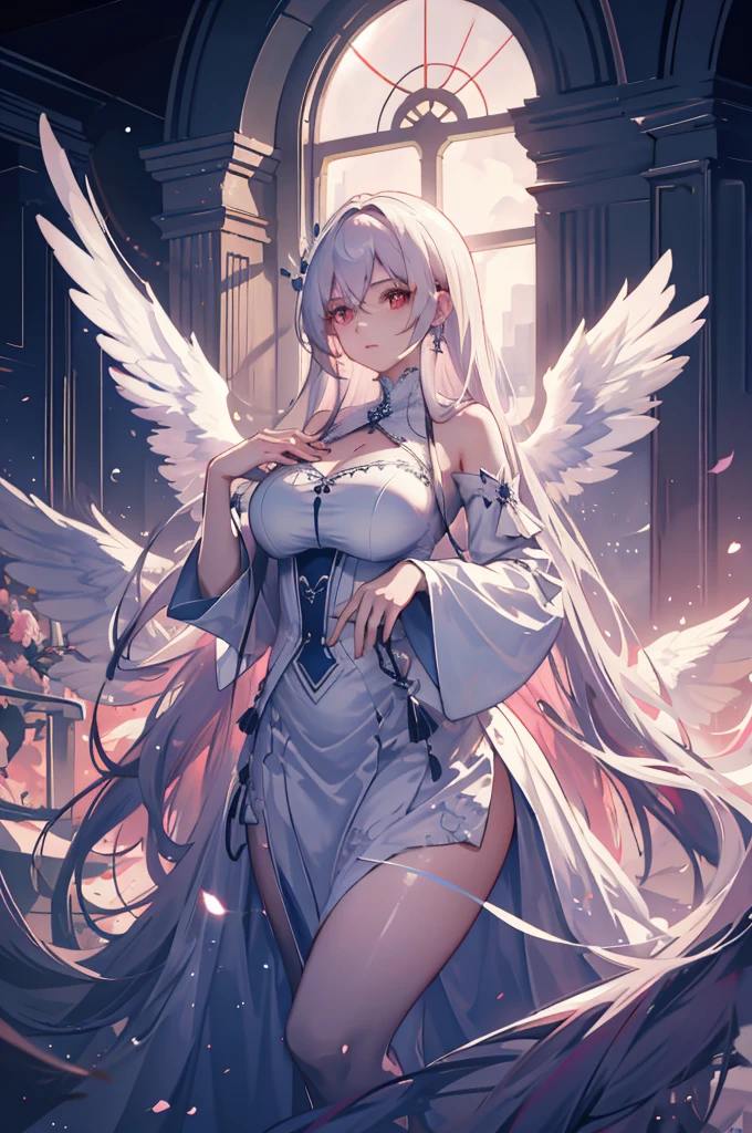 (very delicate, Masterpiece, Excellent lighting and shadows, HD wallpaper 8K), woman, 25 years old, goddess, Greek, white angel wings, big wings, Wingspan, red eyes, Big eyes, white hair, long straight hair, plump lips, pink cheeks, big breasts, wide hips, สวมชุดเทพGreek, The fabric is long and flowing.., white dress, Among the clouds, star, at night