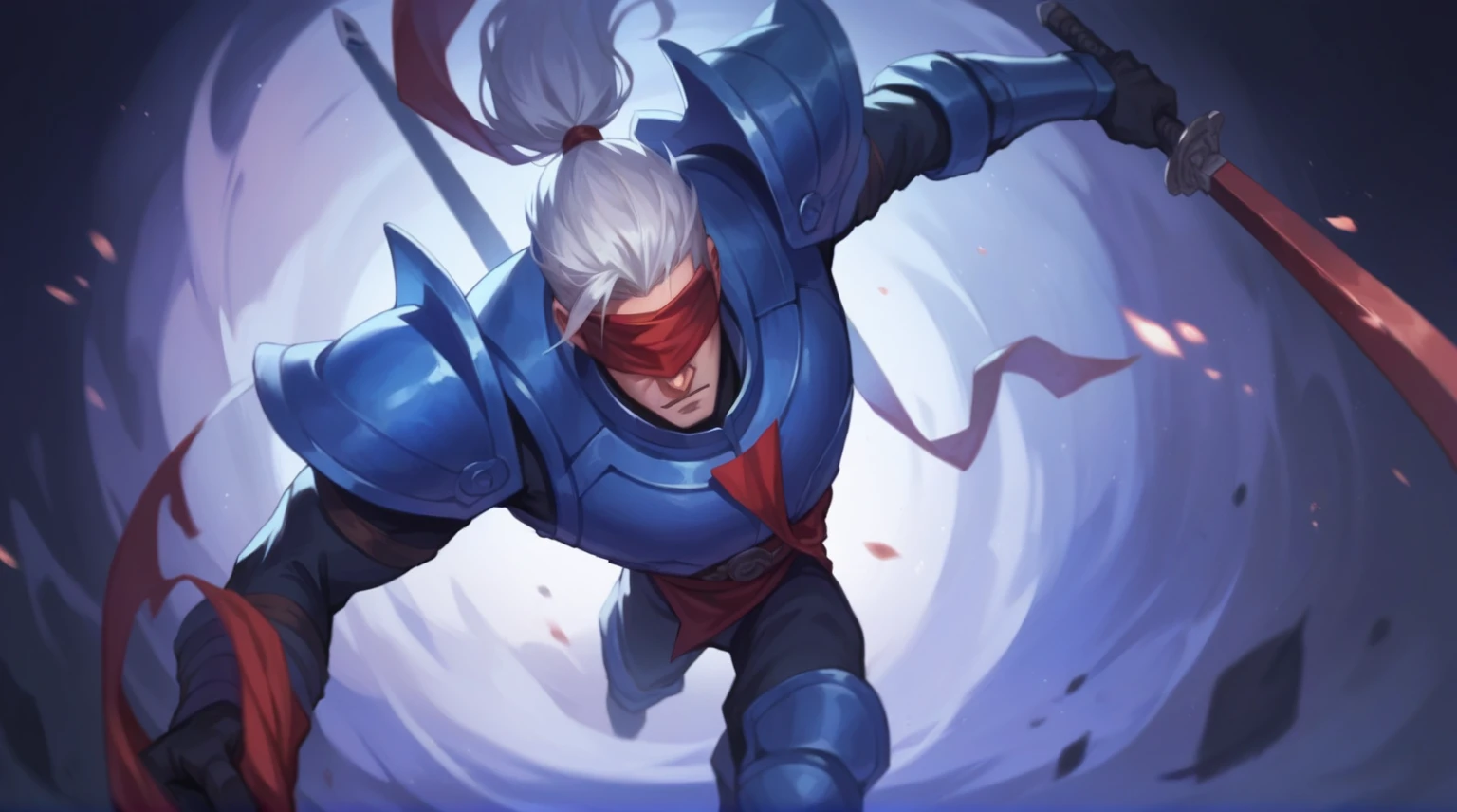 a man was carrying a sword and he was running fast, (white hair and eyes covered with red cloth and also wearing blue armor), it is said he was a ninja. 