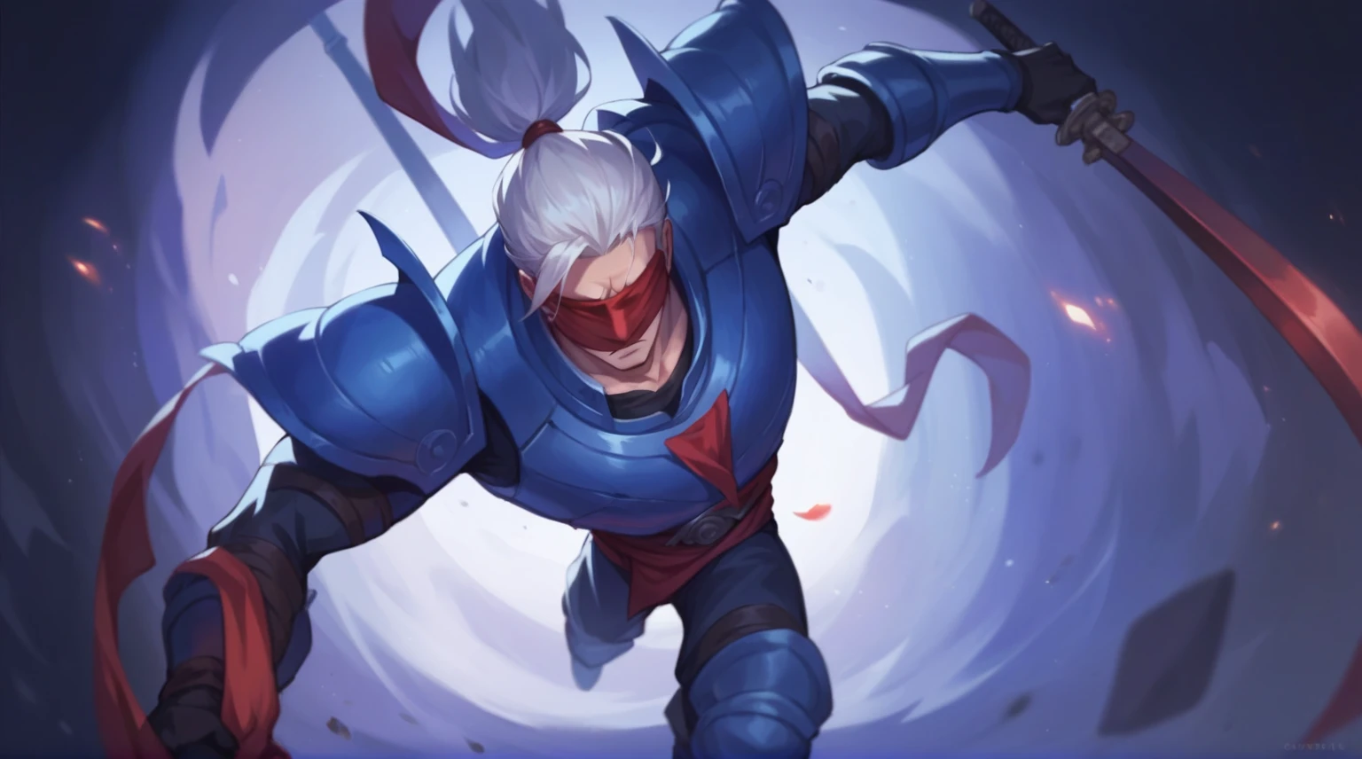 a man was carrying a sword and he was running fast, (white hair and eyes covered with red cloth and also wearing blue armor), it is said he was a ninja. 