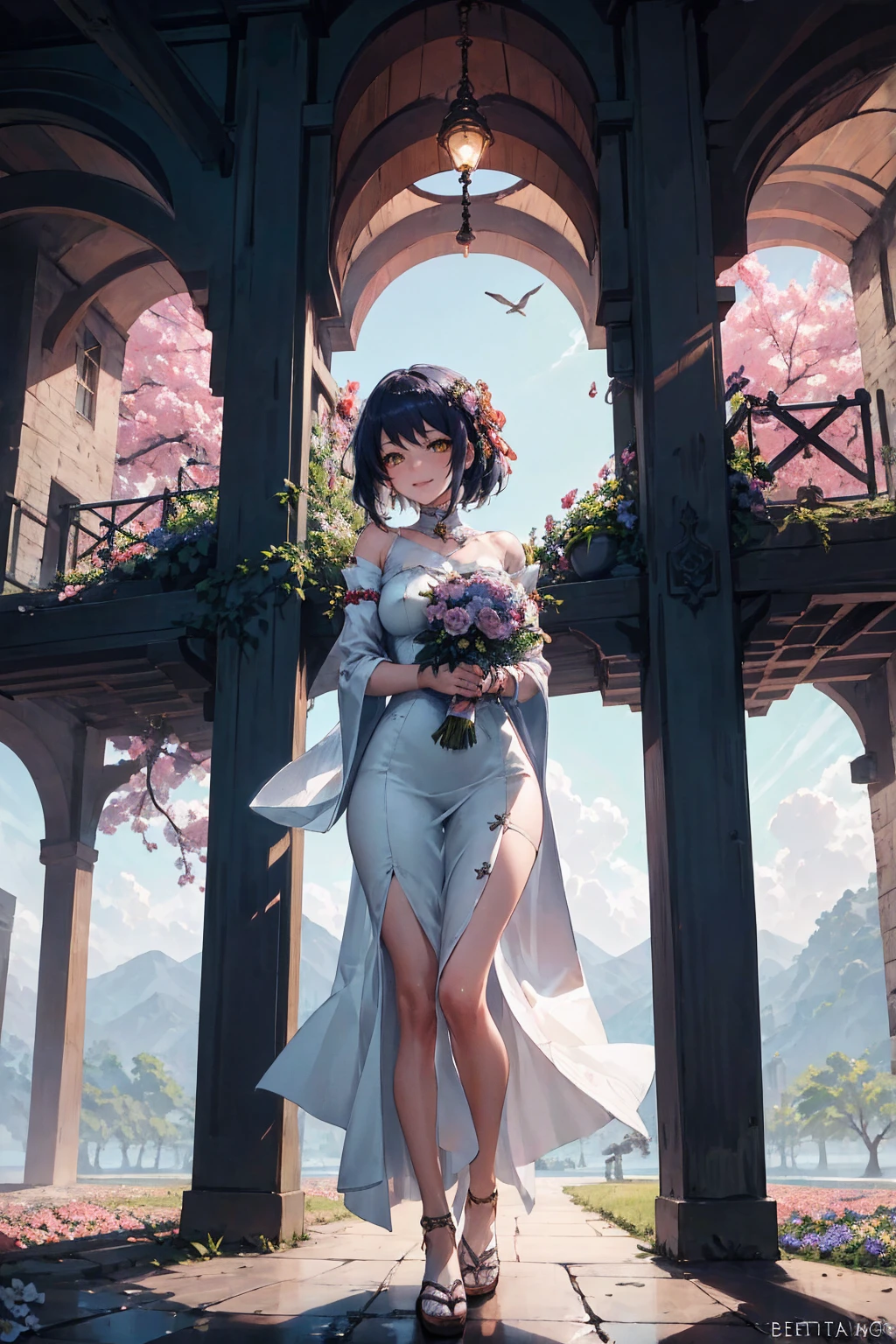 Kujou Sara | genshin impact, master-piece, bestquality, 1girls,25 years old, proportional body, proportional., Wedding Dresses, White Wedding Dress, Long skirt, wedding, ,bara, Standing in the middle of a flower garden, outdoor, wedding, The sky is beautiful, In a paradise of love and happiness.........................................., The bride wears a Japanese dress and a seductive smile.........................................., The passage of time stops at theirs.........................................., On this wedding day of love and happiness.........................................., Bright and beautiful flowers, Holding it in her hands symbolizes the envelopment of love.........................................., Love and friendship through the transmission of flowers, In a paradise of love and happiness.........................................., A bride in a yukata wearing a masika.........................................., It is a form of beauty and elegance.........................................., Show your spouse your heart........................................., In a paradise of love and happiness.........................................., Kochikugisa is the tree of new beginnings.........................................., And their love and affection......................................., And suck a lot of love.........................................., Flowers represent love and peace.........................................., In a paradise of love and happiness.........................................., View viewers from the front., Thigh strap, Head tilt, bored, 10, 10, HD, slight smile,