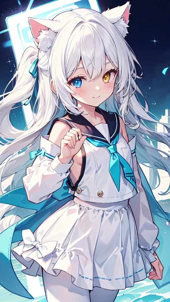 Sailor Suit，White pantyhose，White hair，Long hair，White cat ears，Heterochromia（Left blue right yellow），Smile，female face，There are bright spots in the eyes，Female hands，White little hands，Normal fingers，flat chest，White skirt，Bare shoulders