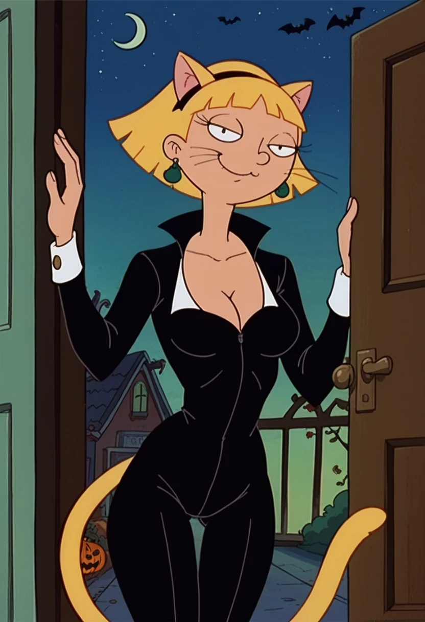 olga pataki, blonde, black headband, earrings, short hair, cat ears, painted face, whiskers, halloween, cleavage, thigh black catsuit, tail, smile, half-closed eyes, costum, front door, at night, looking at viewer, retro style, transparet catsuit