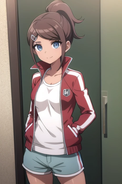 masterpiece,High resolution,8K,Detailed anatomy (****************,Danganronpa,Aoi Asahina,Aoi Asahina,Brown skin,Brown Hair,ponytail,Barrette,Big blue eyes,Glamour）（Shorts,White tank top,red open jacket,Long sleeve）smile,Standing posture