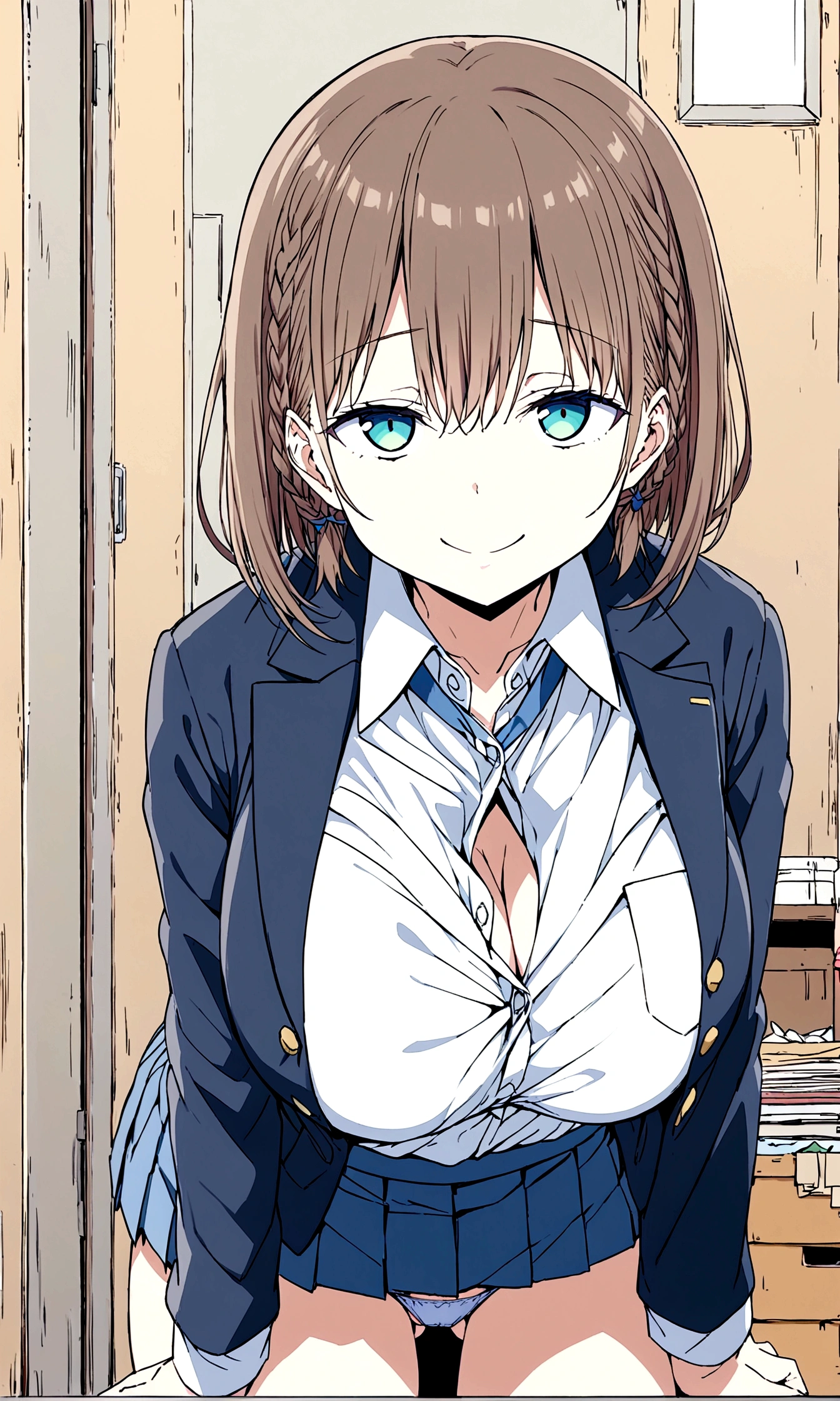 Tawawa on Monday,Ai-chan,Big Breasts,cleavage cutout,high school girl,source_アニメ, 1girl, solo,whole body,brown hair, cyan eyes, braid,Blue Blazer,white shirt, collared shirt, pleated skirt, blue skirt, large breasts,straddling,spread legs,showing panties,looking at you,naughty face,Garbage house,hentai,finely detailed beautiful face,high quality,アニメ,beautiful,High resolution,アニメ color,{{{{8K_wallpaper}}}},{{{masterpiece}}},{{{{extremely detailed eyes}}}},{{{{extremely detailed body}}}},{{{{extremely detailed finger}}}}