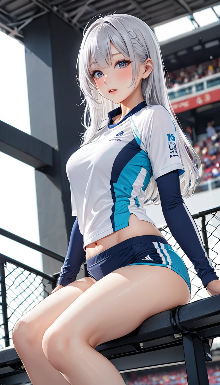 Highest quality、super high quality、16K, Delicious breasts、Facial expressions are random、The venue is a stadium、 Hair color is silver hair、The pose is with the butt facing the viewer.、The distance is random、Angle from below、Small face、Very delicate facial expressions、Delicate eye depiction、Highly detailed hair、Erotic、18-year-old female、Glowing Skin、Soft Skin、The only sexy Japanese woman、Clothing: Random sportswear、1 female、