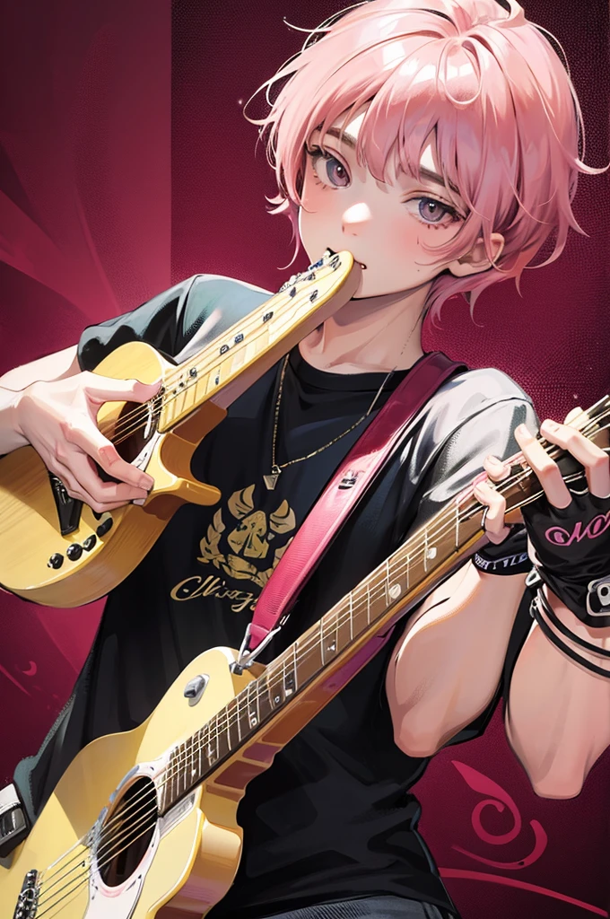 A young 18 year old man, playing guitar, detailed hands, pink hair