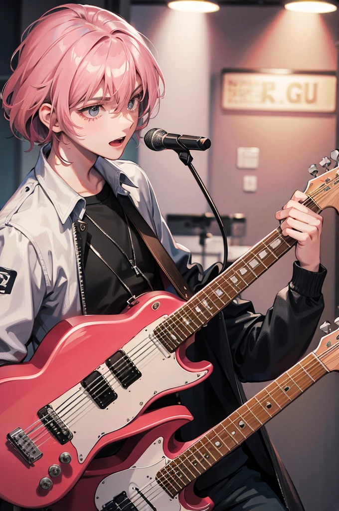 A young 18 year old man, playing guitar, detailed hands, pink hair