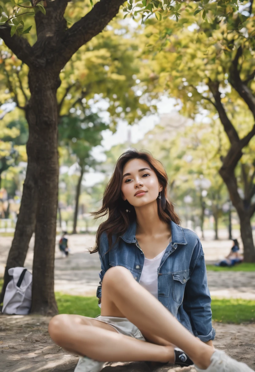 A cute beautiful girl is sitting in the park under a tree while enjoying the view wearing casual clothes