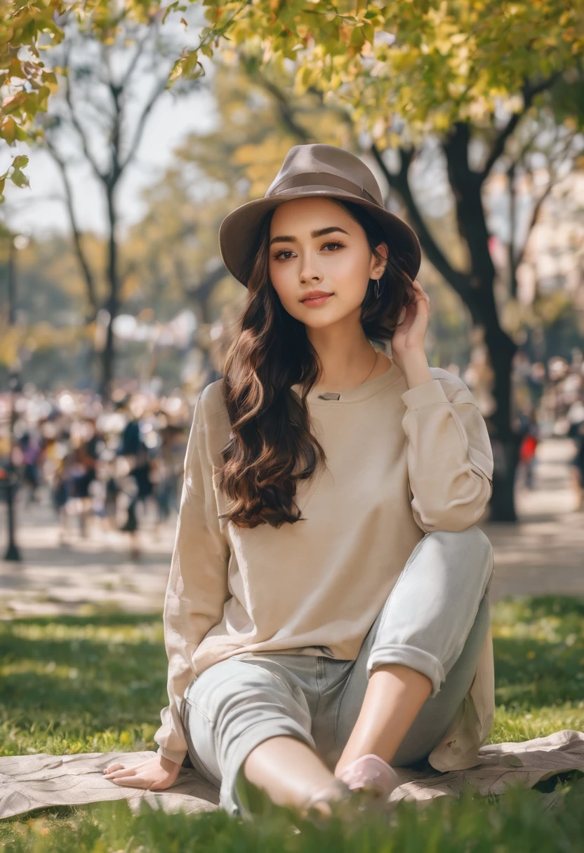 A cute beautiful girl is sitting in the park under a tree while enjoying the view wearing casual clothes