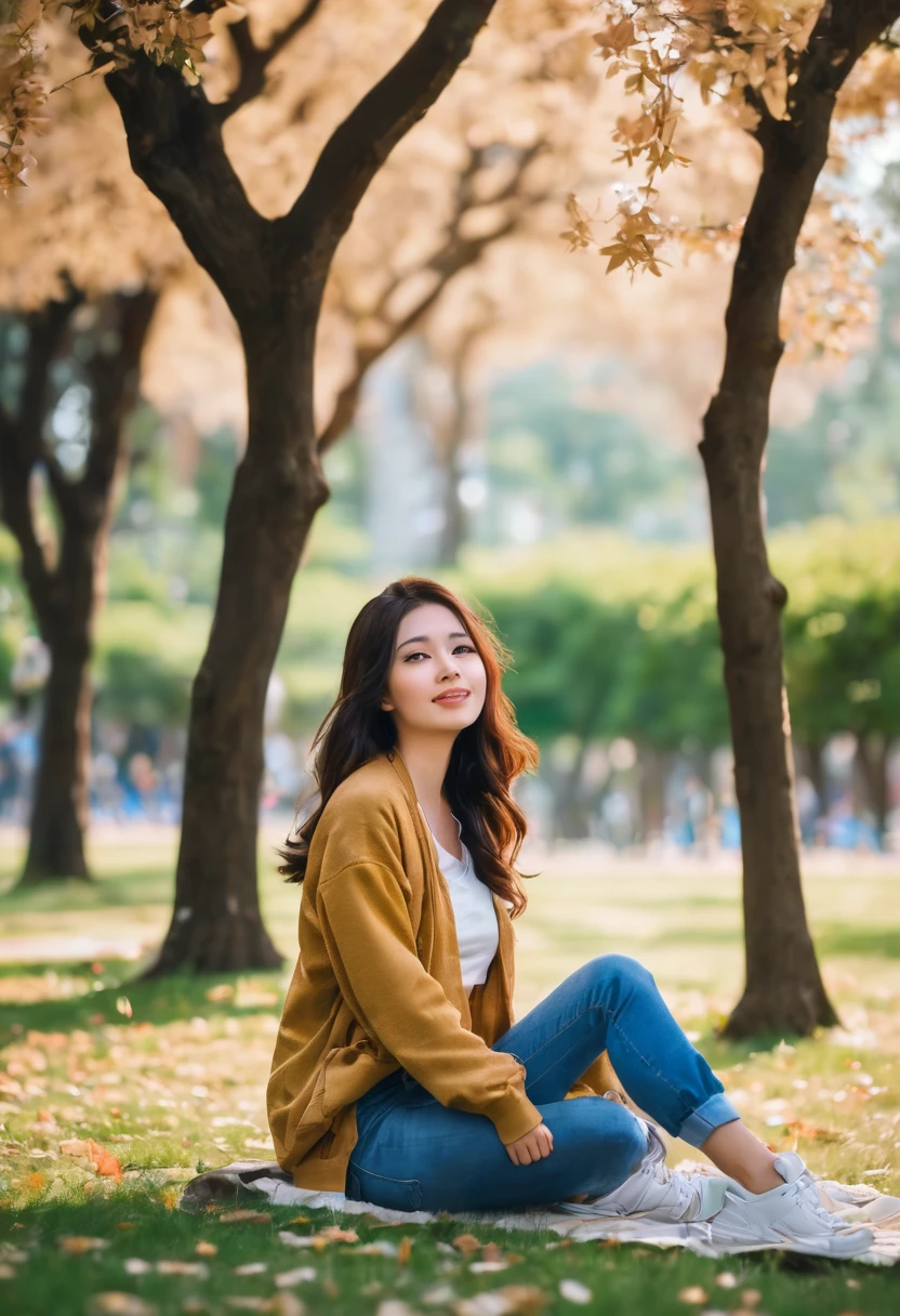 A cute beautiful girl is sitting in the park under a tree while enjoying the view wearing casual clothes