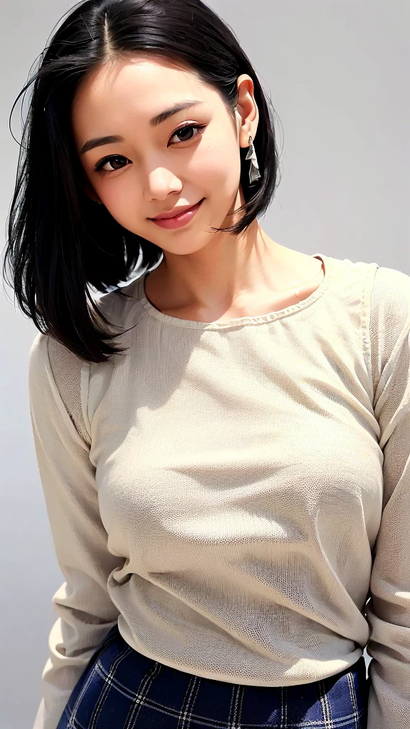 (1 woman:1.99)、(Wide forehead、Very short hair、Very small amount of hair、Forehead、Fuji frame:1.1)、Sunburn、、Naughty、Happy expression、満面のsmile、Weakness、love、I feel very comfortable alone、(Checkered Skirt),((Very sleepy、Improves skin texture,smile、Narrow eyes、Very weak eyesight、Very weak eyeliner、Eyes slightly closed、I know the shape of your head、Oval Face))、(slicked back hair:1.25)、Photographic, Raw photo, Mastepiece, Highly detailed photos, Digital SLR, Photo-realistic 1.4, Super hello nothing, Best Quality,(standing、tilting your head、whole body:1.7)