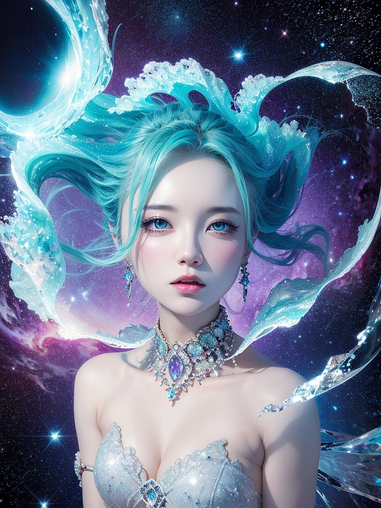 Painting of beautiful young woman,jewelry,Mysterious Wave. 3d. white,shallow. The beauty of cosmic fusion. Nebula Reflection Surrealism. Glass texture,translucent,crystallization