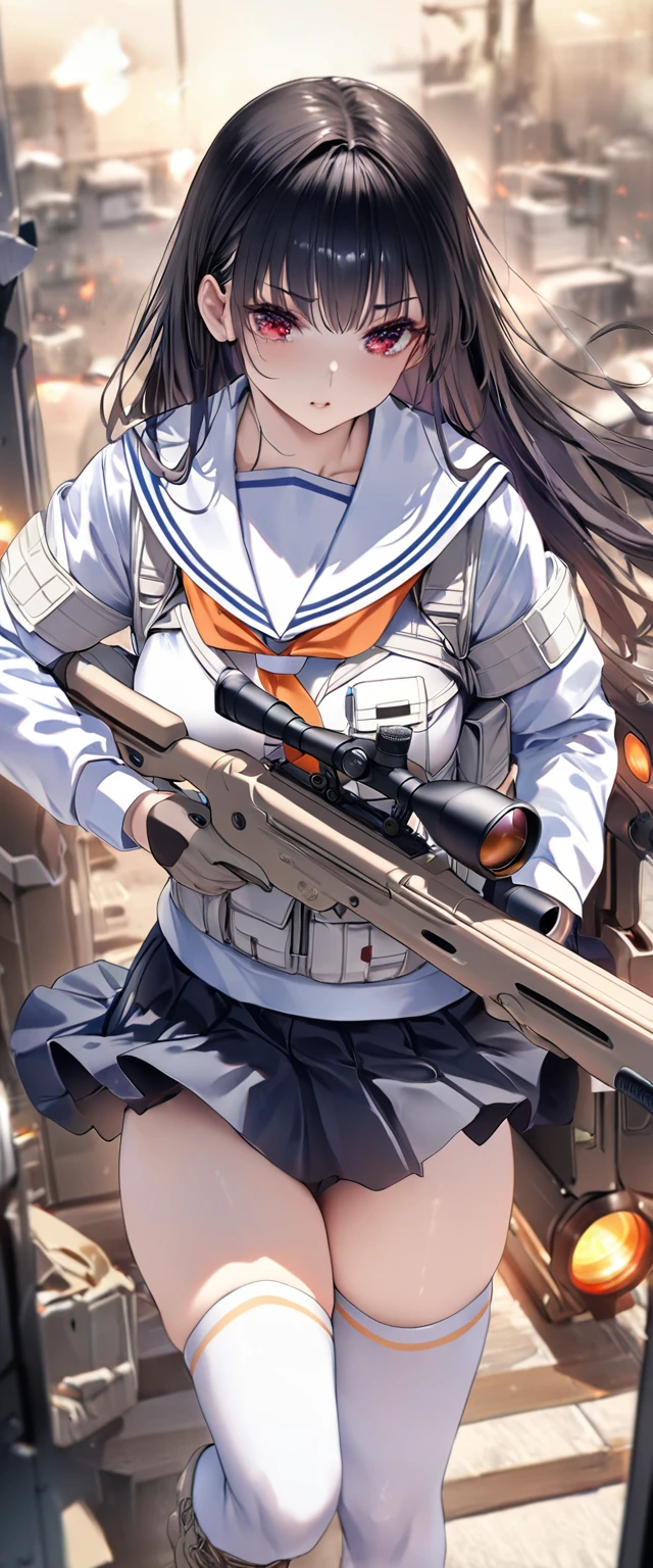 (Perfect Anatomy)、Mastepiece、Ultra High Quality、 8K、Photorealistic、masterpiece、Highest quality、Ultra-high resolution、Maximum resolution、Very detailed、Professional Lighting、anime、Adult female、thin、so beautiful、high school girl、White Sailor Suit、White knee-high socks、Equipped with a sniper rifle、Red Eye、Black Hair、Long hangerless gloves、Tactical Boots、Equipped with transparent orange shooting goggles、Equipped with a chest rig、Hold your rifle and aim at the enemy