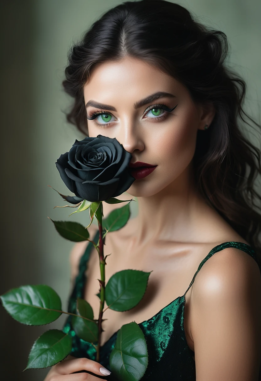 a woman with green eyes, flawless skin, half body shot, holding a black rose, whimsical photography style, captured with an Arriflex 35BL camera using Canon K25 prime lenses, cinematic, dramatic lighting, ultra clear, breathtaking surreal masterpiece.