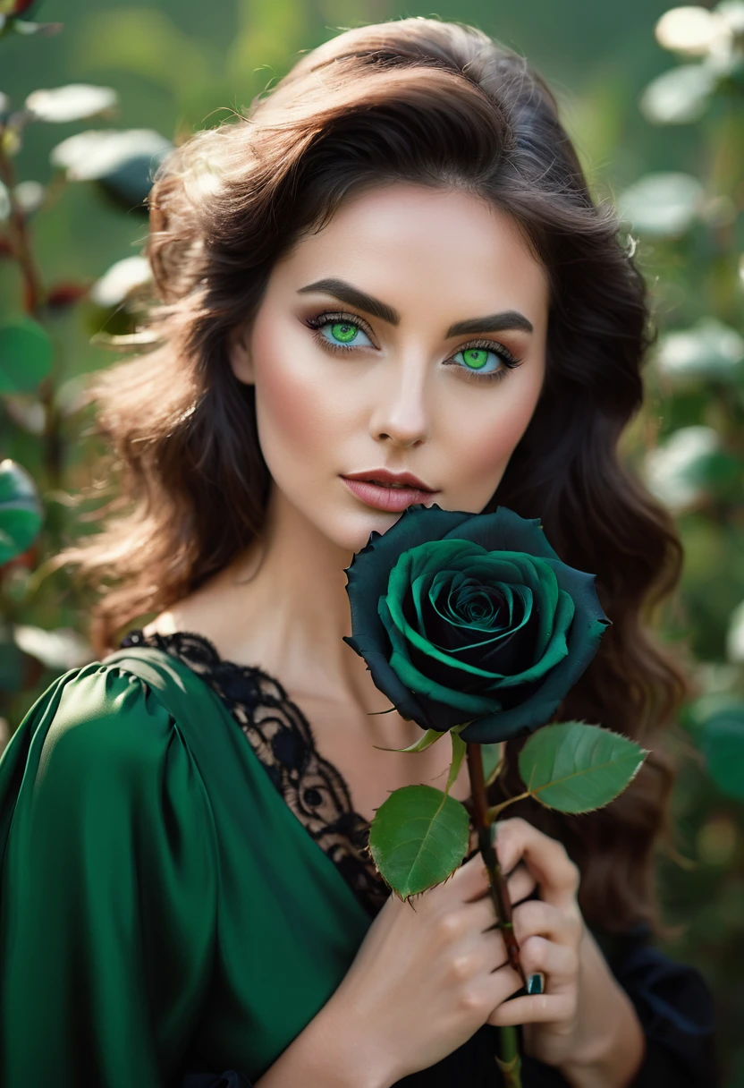 a woman with green eyes, flawless skin, half body shot, holding a black rose, whimsical photography style, captured with an Arriflex 35BL camera using Canon K25 prime lenses, cinematic, dramatic lighting, ultra clear, breathtaking surreal masterpiece.
