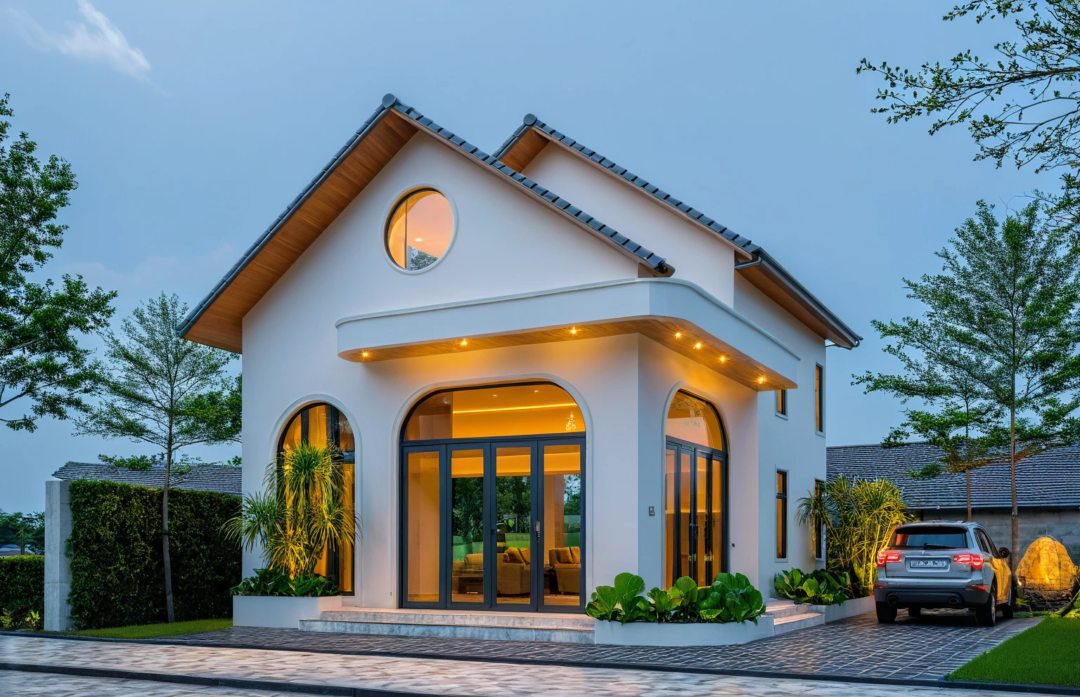 Masterpiece, high-end, best quality, authentic, super detailed, outdoor, aiaigroup, neoclassical villa style, stairs, white walls combined with conwood, wind encaustic tiles, green tiles, iron gates, conwood ceilings , flowers, path, summer evening, grass, trees, sky, clouds, (daylight: 1.1)