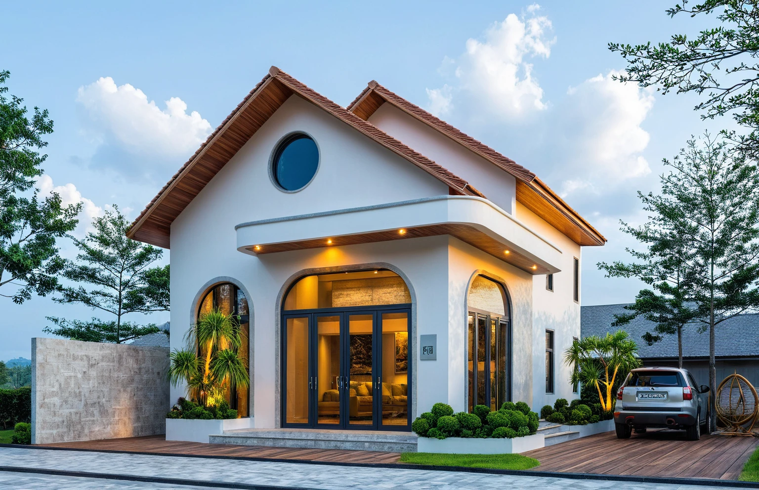 Masterpiece, high-end, best quality, authentic, super detailed, outdoor, aiaigroup, neoclassical villa style, stairs, white walls combined with conwood, wind encaustic tiles, green tiles, iron gates, conwood ceilings , flowers, path, summer evening, grass, trees, sky, clouds, (daylight: 1.1)