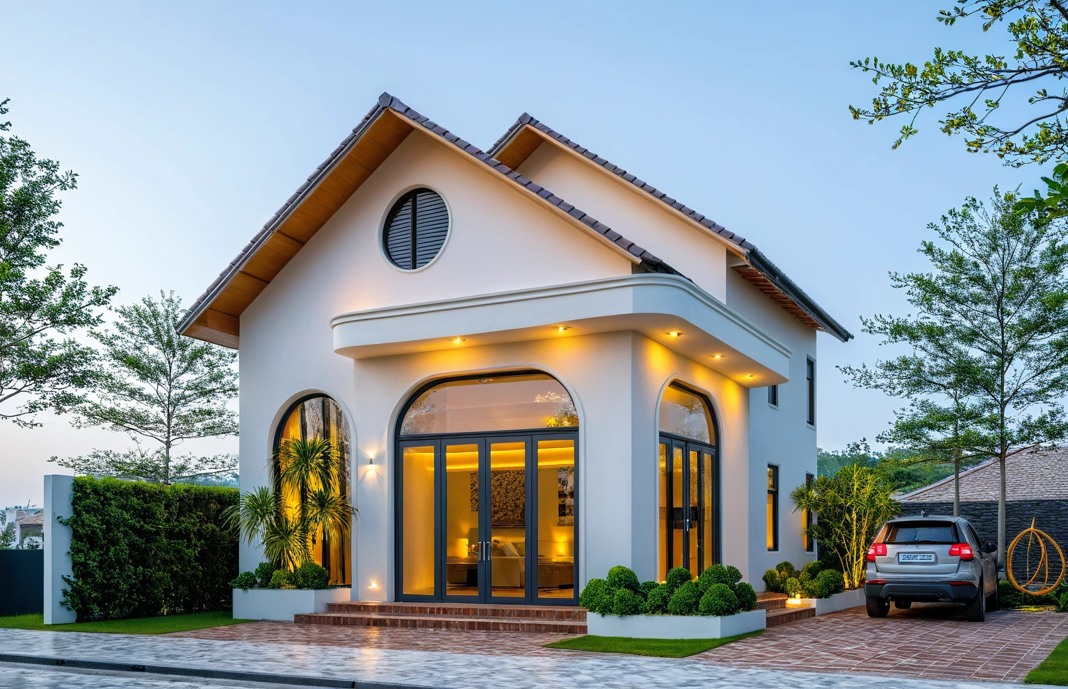 Masterpiece, high-end, best quality, authentic, super detailed, outdoor, aiaigroup, neoclassical villa style, stairs, white walls combined with conwood, wind encaustic tiles, green tiles, iron gates, conwood ceilings , flowers, path, summer evening, grass, trees, sky, clouds, (daylight: 1.1)