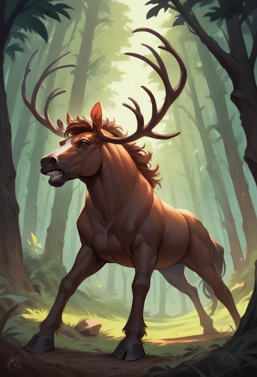 a horse with a human head and deer antlers is fighting a werewolf in the middle of the forest. artistic. ultra realistic