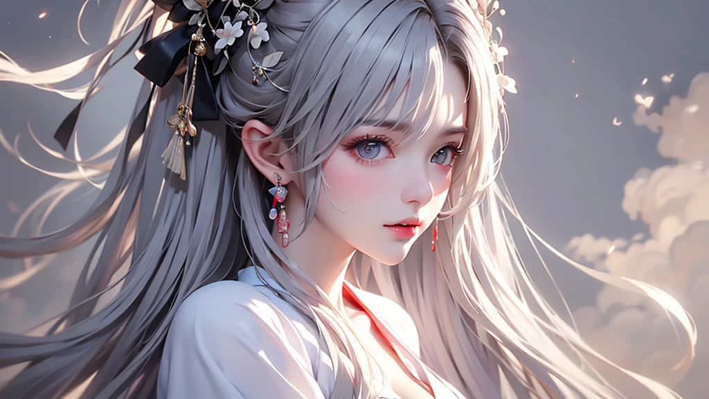 super high quality, masterpiece, Perfect illustration, Very detailed (Exquisite light and shadow, Very dramatic photo,Backlight) , ((Gray Hair:1.5))1 Girl,(( alone:1.6)), (Wearing Han clothes, Black and white Hanfu,Monotony,Long sleeve) (White smoke:1.3) (Realistic:1.4), Official Art, unity 8k wallpaper, Very detailed, Beautiful and beautiful, masterpiece, Highest quality, (Dynamic Angle: 1.4), Glowing Skin, (Floating colorful flashes: 1) The most beautiful chaotic shapes, elegant, Brutalist Design, Bright colors, Romantic Depth of Field Exotic_dance, half_naked、Expose your shoulders、Ample breasts、Great cleavage、