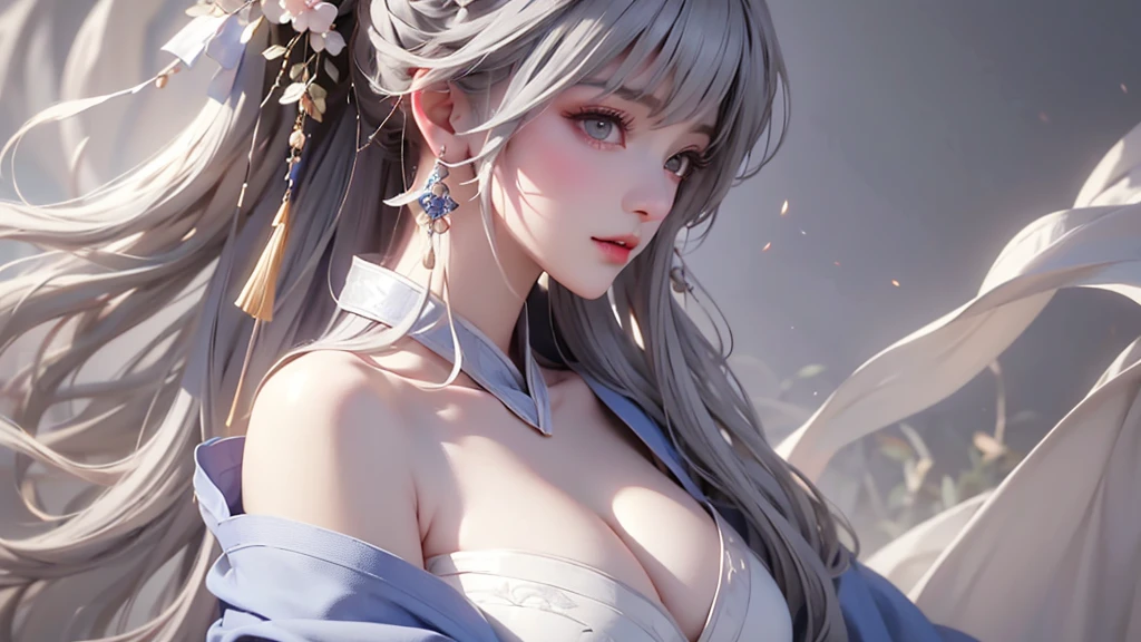 super high quality, masterpiece, Perfect illustration, Very detailed (Exquisite light and shadow, Very dramatic photo,Backlight) , ((Gray Hair:1.5))1 Girl,(( alone:1.6)), (Wearing Han clothes, Black and white Hanfu,Monotony,Long sleeve) (White smoke:1.3) (Realistic:1.4), Official Art, unity 8k wallpaper, Very detailed, Beautiful and beautiful, masterpiece, Highest quality, (Dynamic Angle: 1.4), Glowing Skin, (Floating colorful flashes: 1) The most beautiful chaotic shapes, elegant, Brutalist Design, Bright colors, Romantic Depth of Field Exotic_dance, half_naked、Expose your shoulders、Ample breasts、Great cleavage、