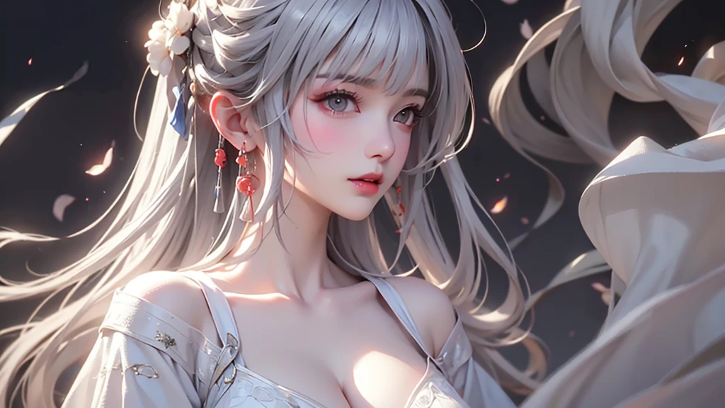 super high quality, masterpiece, Perfect illustration, Very detailed (Exquisite light and shadow, Very dramatic photo,Backlight) , ((Gray Hair:1.5))1 Girl,(( alone:1.6)), (Wearing Han clothes, Black and white Hanfu,Monotony,Long sleeve)  (White smoke:1.3) (Realistic:1.4), Official Art, unity 8k wallpaper, Very detailed, Beautiful and beautiful, masterpiece, Highest quality, (Dynamic Angle: 1.4), Glowing Skin, (Floating colorful flashes: 1) The most beautiful chaotic shapes, elegant, Brutalist Design, Bright colors, Romantic Depth of Field Exotic_dance, half_?????、Expose your shoulders、Ample breasts、Great cleavage、
