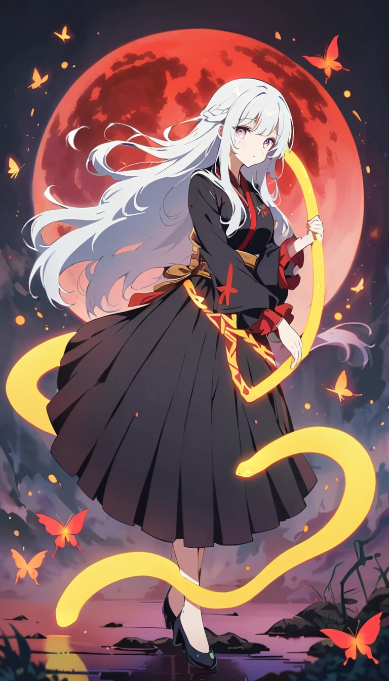 Blurred outline of existence, bright white eyes, ,Blurred outline of existence, Fully white glowing eyes,，White flowers on eyes，Fire  butterflys，Anime style，1 girl，Silver long hair，(((White spots on eyes：1.37)))，Black pleated skirt，Samurai sword in hand，Elegant Posture、Red Moon、dark purple tones，Elegant and atmospheric。，(((Fluorescent snake bones：1.37)))