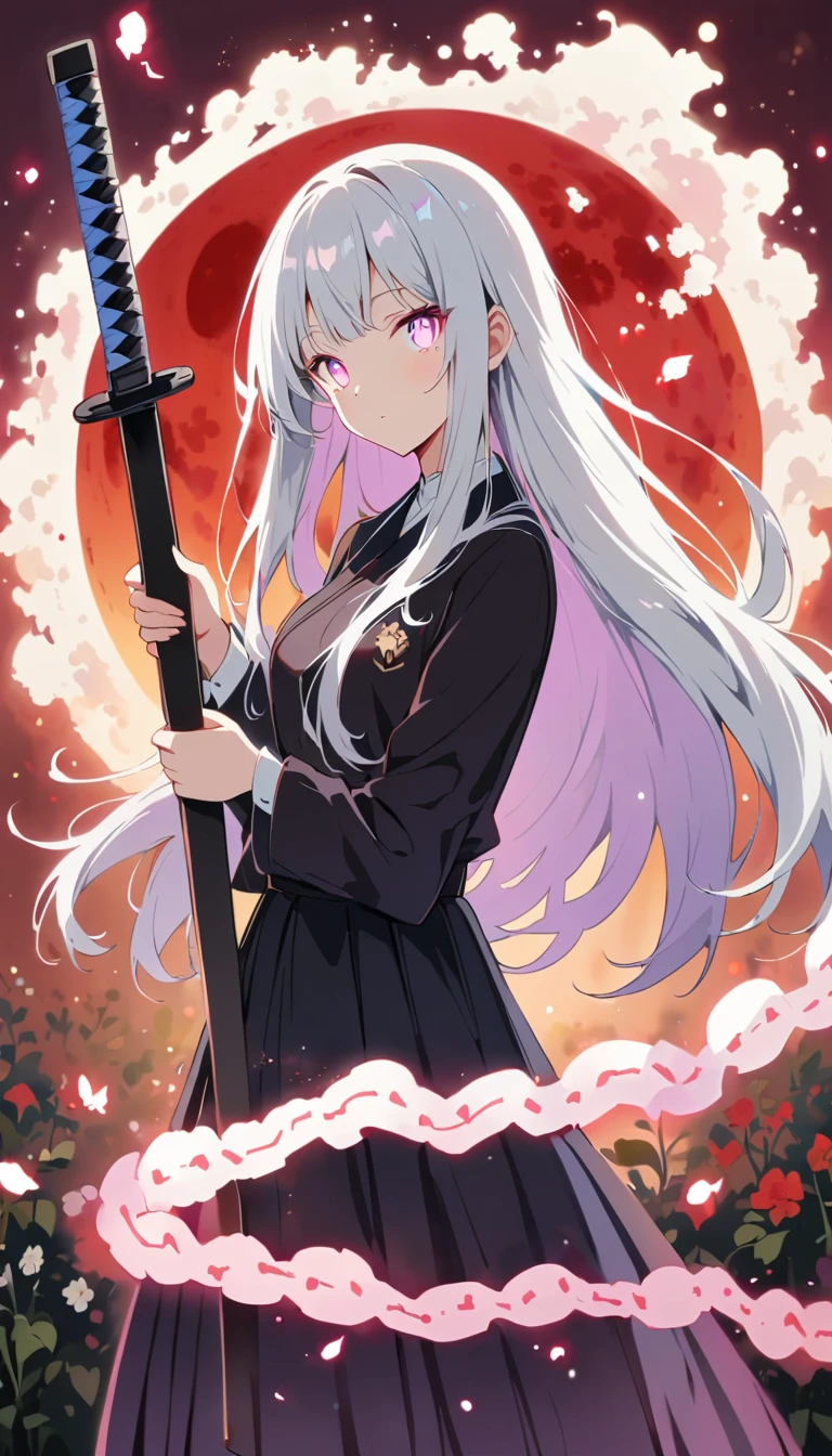 Blurred outline of existence, bright white eyes, ,Blurred outline of existence, Fully white glowing eyes,，White flowers on eyes，Fire  butterflys，Anime style，1 girl，Silver long hair，(((White spots on eyes：1.37)))，Black pleated skirt，Samurai sword in hand，Elegant Posture、Red Moon、dark purple tones，Elegant and atmospheric。，(((Fluorescent snake bones：1.37)))