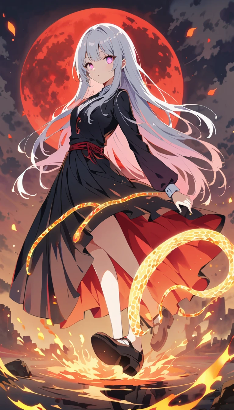 Blurred outline of existence, bright white eyes, ,Blurred outline of existence, Fully white glowing eyes,，White flowers on eyes，Fire  butterflys，Anime style，1 girl，Silver long hair，(((White spots on eyes：1.37)))，Black pleated skirt，Samurai sword in hand，Elegant Posture、Red Moon、dark purple tones，Elegant and atmospheric。，(((Fluorescent snake bones：1.37)))