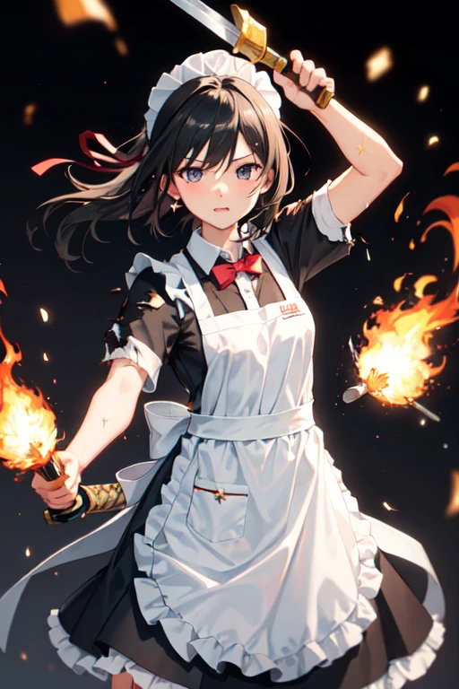 ((Highest quality:1.6)), ((Ultra-high resolution:1.6)), ((masterpiece)), (detailed:1.4), girl, cute, strong, Small breasts, ぼろぼろになりながらFighting with a two-handed sword, (black and white maid outfit, Headband, ribbon, White apron, Long, Short sleeve), (Damage to clothing:1.4), scratch, (Apron is torn:1.4), (Damage to the apron:1.4), (衣服に剣で斬れたscratch:1.2), Fighting with a two-handed sword, Swordsmanship, 剣の斬撃によるscratch, Hit, Dynamic pose, Stance, Combat Ready, 腰Damage to the apron, Burning Battlefield, (Severe dirt all over the body, Soot:1.2),