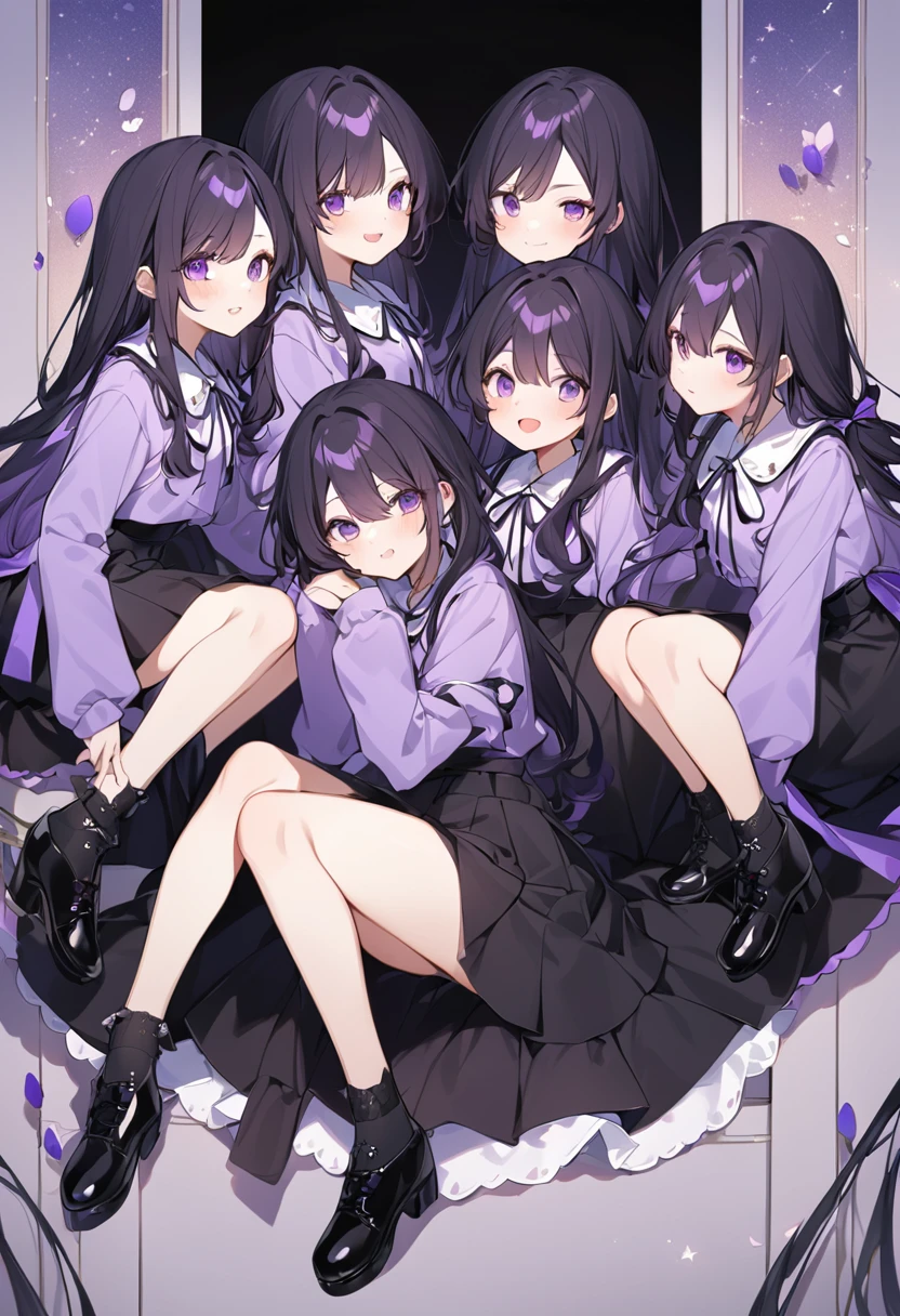 Keito。Purple hoodie。Black Skirt。Purple Eyes。Black Hair。Black shoes下。Black shoes。6 sistery eldest daughter has lavender hair.。all female。Sextuplets