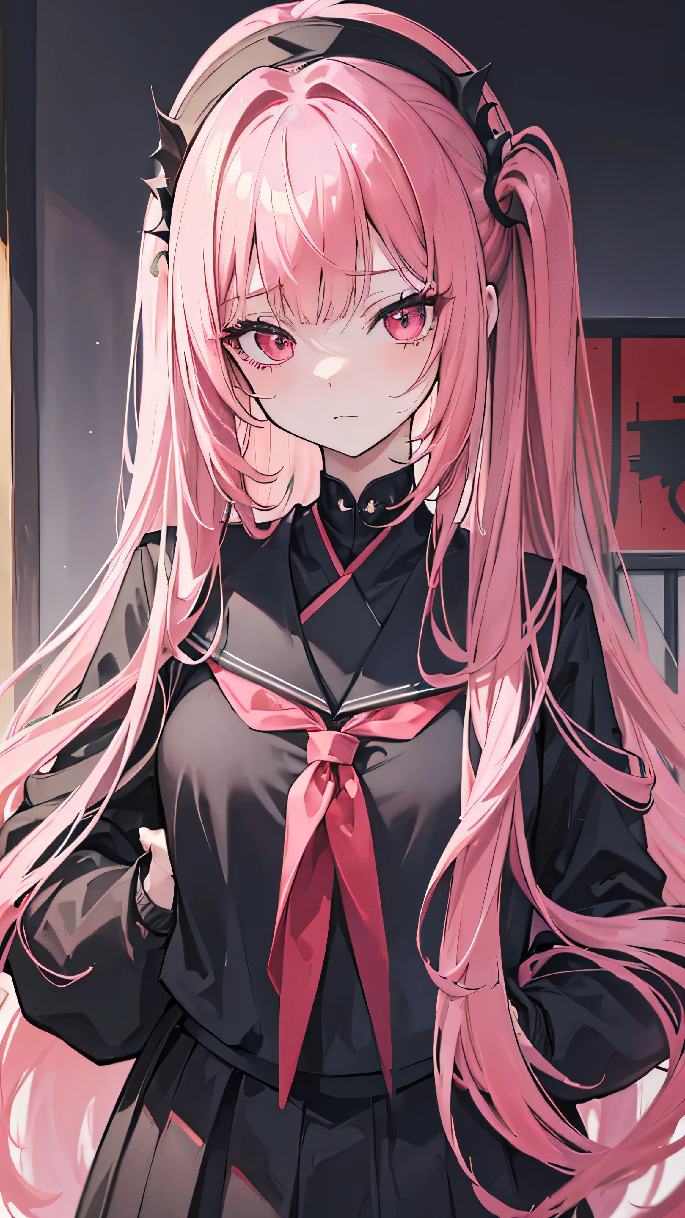 ((best quality)), ((masterpiece)), (detailed), 1girl, black_school_uniform, very_long_pink_hair, messy_hair, red_eyes, sharp eyes, sharp eyelashes, Japanese_school_building_entrance_gate_background, narrowed_eyes, orgasm face, pink_hair
