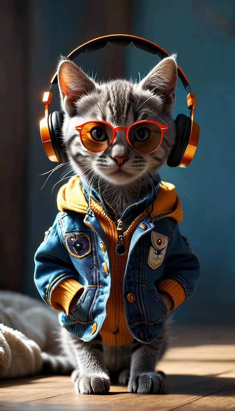 Perfect centering, cute little gray cat, Wear a jacket, Wearing sunglasses, Wearing headphones, cheerfulness, Standing position, Abstract beauty, Centered, Looking at the camera, Facing the camera, nearing perfection, Dynamic, Highly detailed, smooth, Sharp focus, 8K