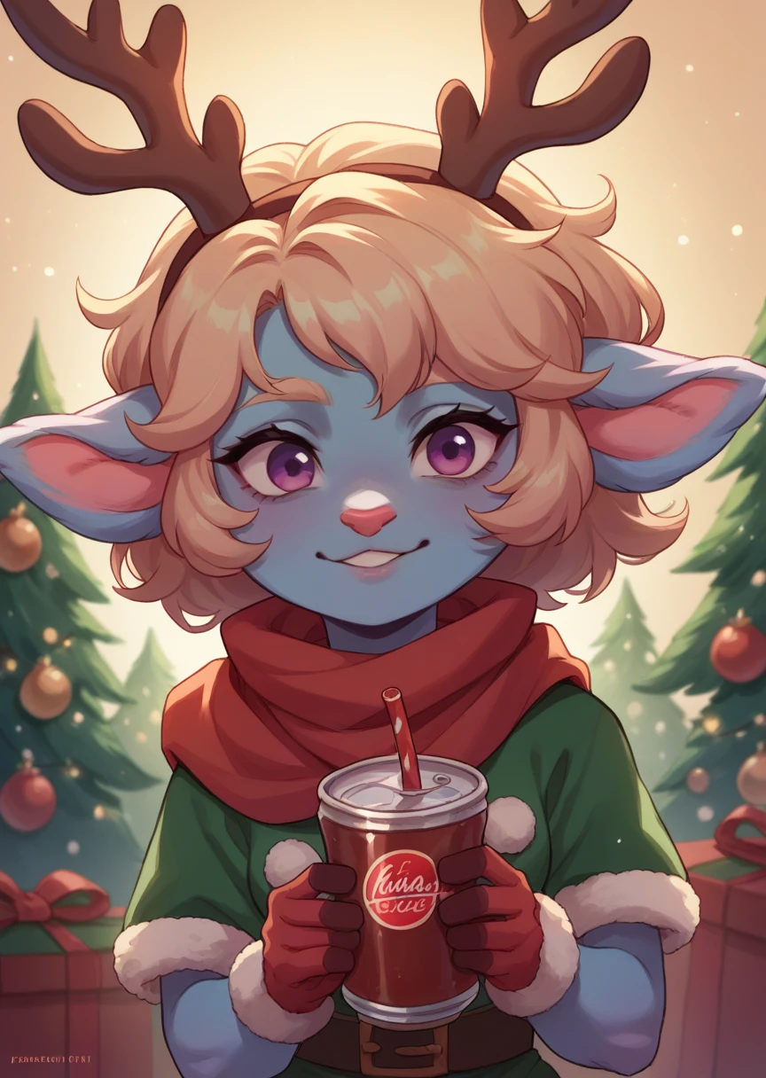 1 girl, Alone, poppylol, orange colored , fur of furry reindeer, pelo cafe, purple_eyes, christmas suit, scarf, reindeer antlers, cola de reno