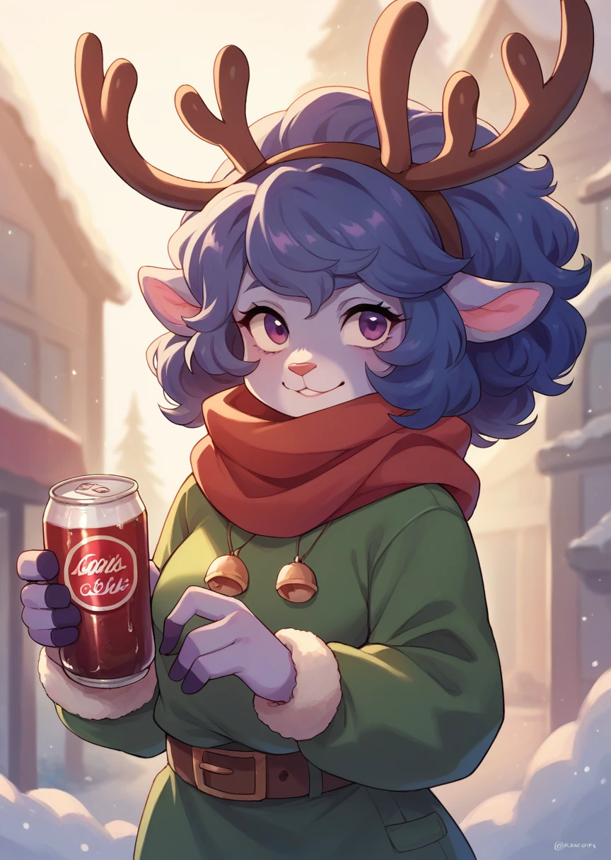 1 girl, Alone, poppylol, orange colored , fur of furry reindeer, pelo cafe, purple_eyes, christmas suit, scarf, reindeer antlers, cola de reno