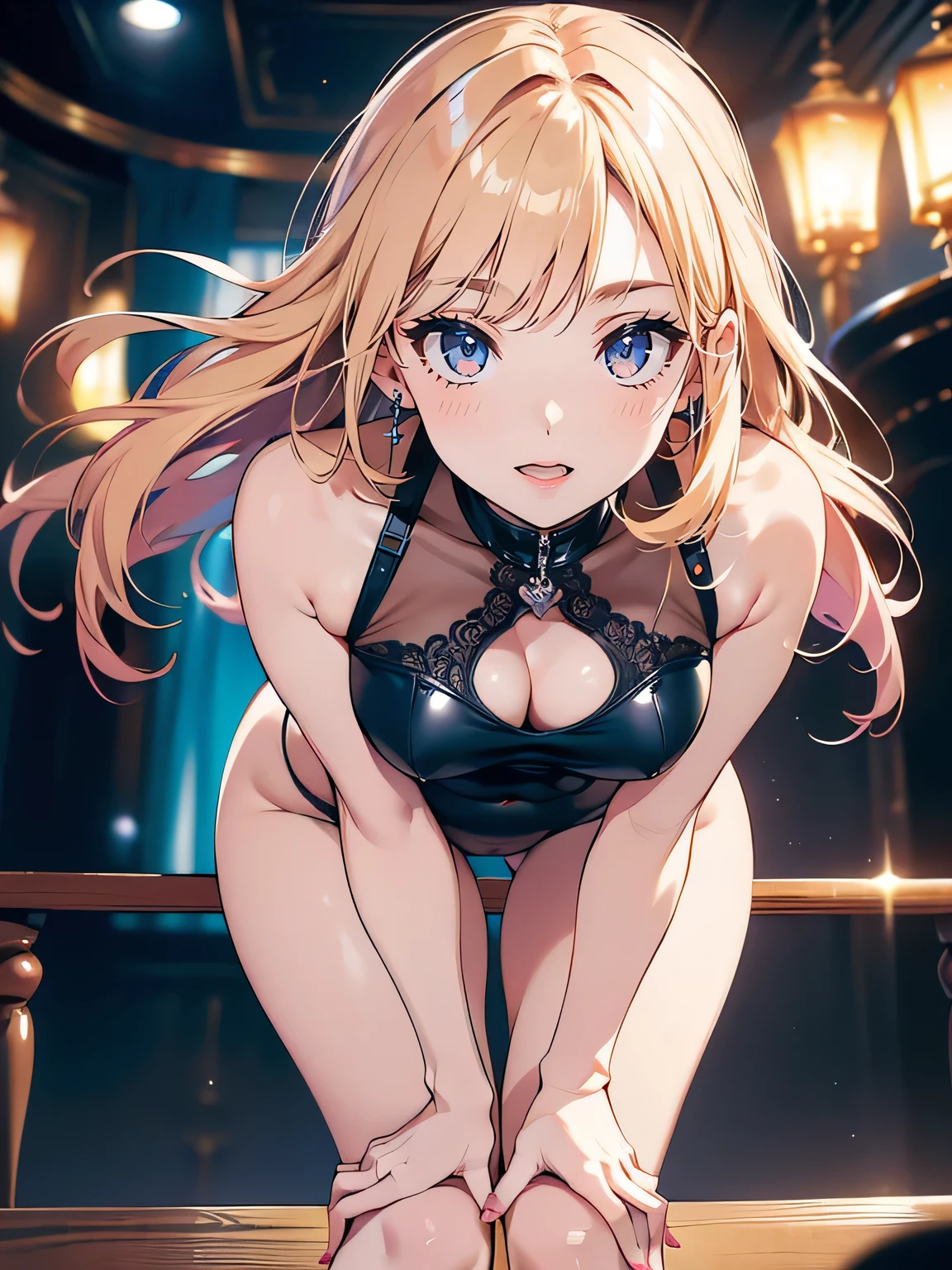 (best quality,4K,8k,high resolution,masterpiece:1.2),super detailed,(actual,realistically,realistically:1.37), Ultra high definition face, Woman posing for photo, ((glossy lip)), attractive girl, jaw-dropping beauty, medium breasts, Thin waist and thick hips, hourglass figure, rosy cheeks, blonde and pink mesh hair, Alluring with a smile, Bokeh, Dynamic Angle, (((Leaning forward:1.2))), close arms, Close-up face:1.5, whole body, From below:1.2, (Correct Anatomy:1.6, Ideal body proportions, The right move:1.5, Small hands), in the party room, midjourney
