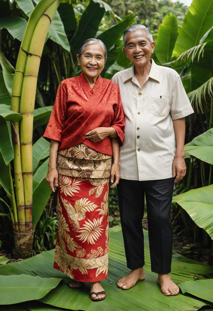 real picture of an Indonesian grandmother wearing a red kebaya and the cloth wrapped around it looks like a batik patterned skirt, standing on several banana leaves that are lying on the grandmother as if she is holding a slightly loose batik cloth (facial expression of satisfaction) next to the grandmother there is a young man lying wearing a white t-shirt, trousers with the pants button open (facial expression of fatigue)