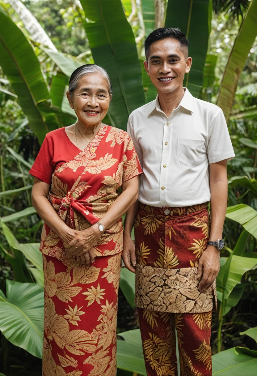 real picture of an Indonesian grandmother wearing a red kebaya and the cloth wrapped around it looks like a batik patterned skirt, standing on several banana leaves that are lying on the grandmother as if she is holding a slightly loose batik cloth (facial expression of satisfaction) next to the grandmother there is a young man lying wearing a white t-shirt, trousers with the pants button open (facial expression of fatigue)