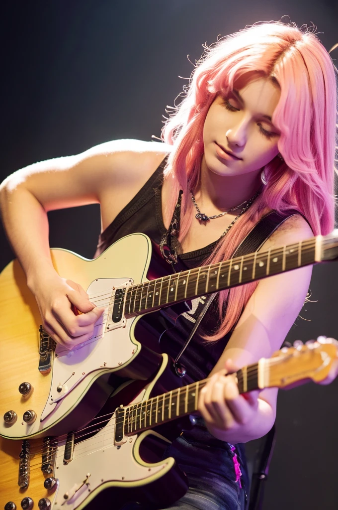 A young 18 year old man, playing guitar, detailed hands, pink hair