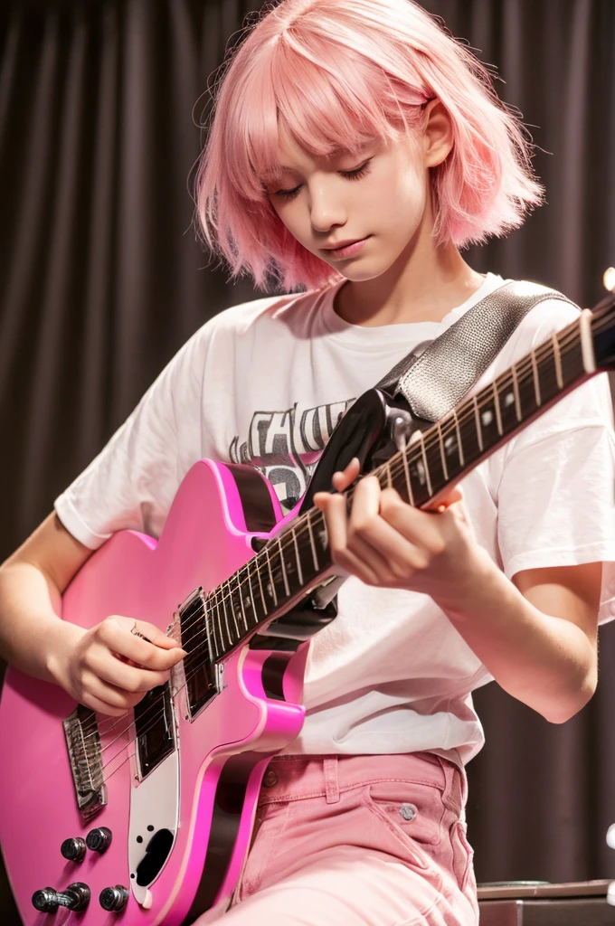 A young 18 year old man, playing guitar, detailed hands, pink hair