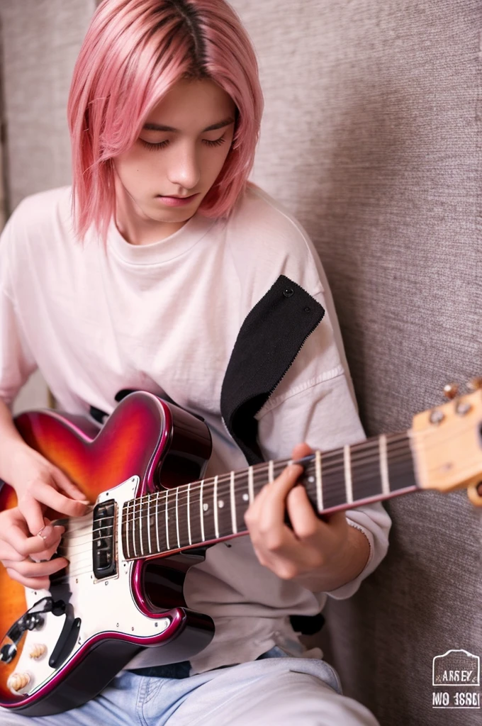 A young 18 year old man, playing guitar, detailed hands, pink hair