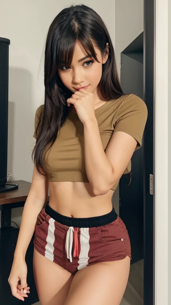 Beautiful girl, half Thai-Vietnamese Wears a no-bra t-shirt, has a thin body, small breasts, long, shaggy hair, wears a cap, has sharp fangs, and has a dragon hole tattoo as large as the body.