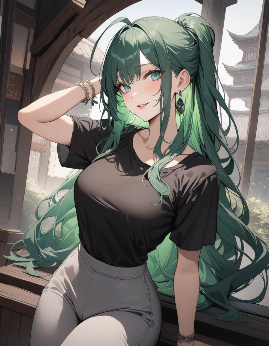 (Highest quality:1.2, three-dimensional, High Detail, masterpiece:1.2, Best aesthetics), (1 girl), Beautiful woman, Beautiful detailed eyes, Beautiful detailed lips, Highly detailed face, Delicate depiction of hair and eyes, Detailed Fashion, (detailed background:1.2) ((Portraiture, Cowboy Shot)), Aqua Eye, huge ahoge, Mouth open, Earrings, View your viewers, breasts, upper body, full body from knees to head, gaze away, gaze into the distance, smile lightly, fancy nails, in Sibuya city, bracelet, long hair, color inner hair, dark green hair, tight tank-top, gray slacks