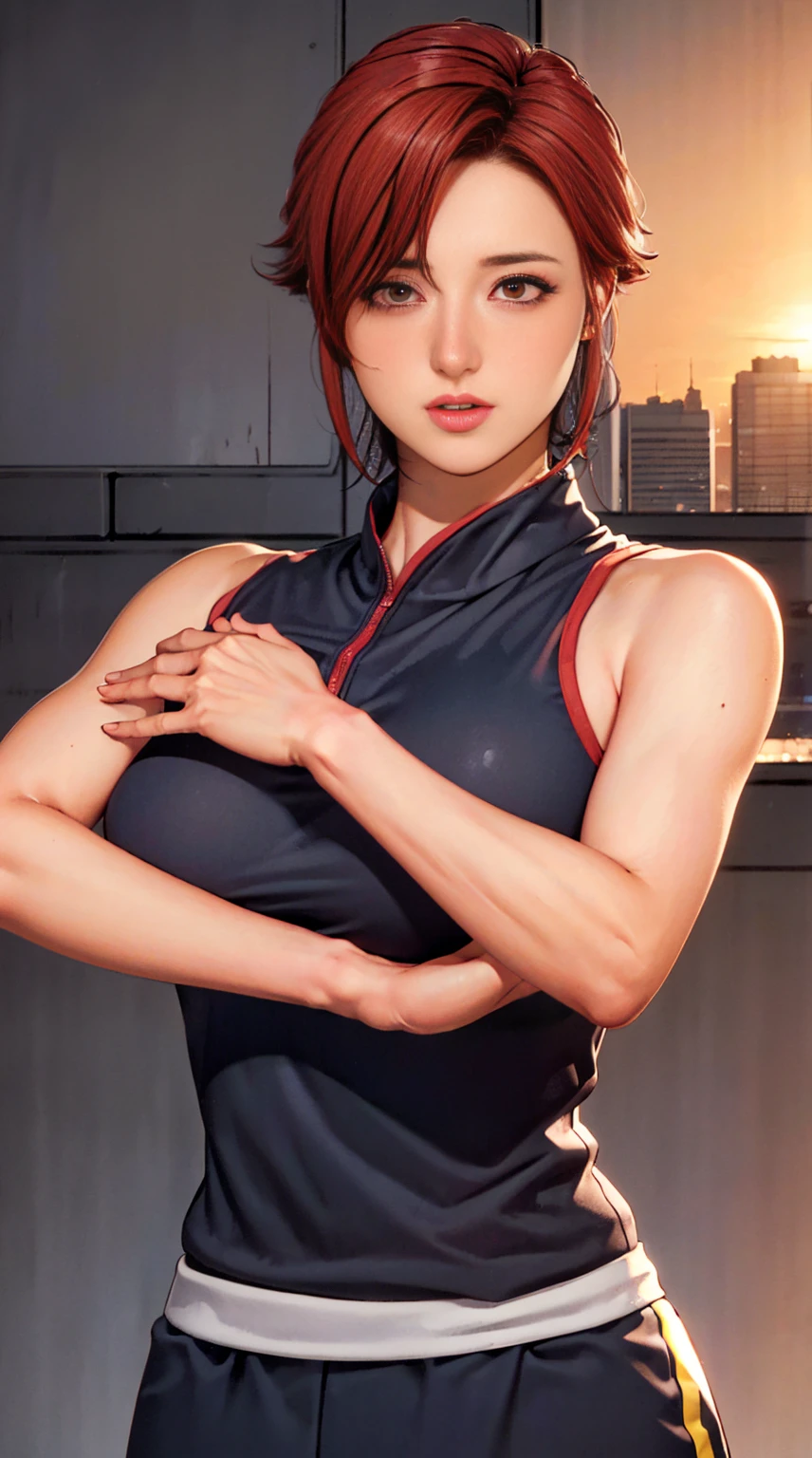 high quality, High resolution, (full shot:1.8), 4K quality, The best high quality masterpiece, karate uniform, (heavy makeup), Blurred city background at sunrise, short hair, red hair, detailed face, big breast, sleeveless