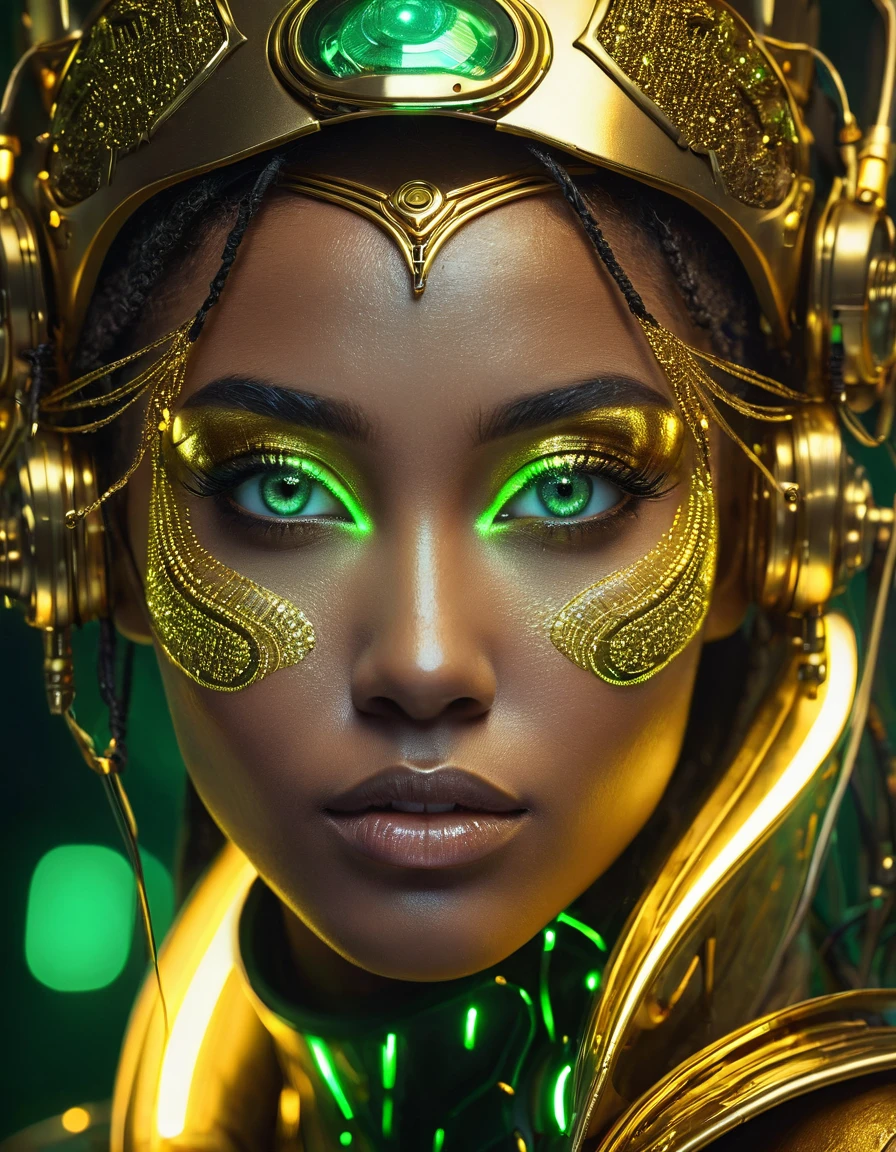 close-up of a woman with green eyes and golden makeup, cyberpunk art, вдохновленный WLOP, trends on CGSociety, Afrofuturism, Brilliant eyes!! difficult, metal and Brilliant eyes, glowing green eyes, green Brilliant eyes, glowing golden eyes, Rossris | Afrofuturism, glowing magic eyes, With golden eyes, golden shining eyes, magical Brilliant eyes
