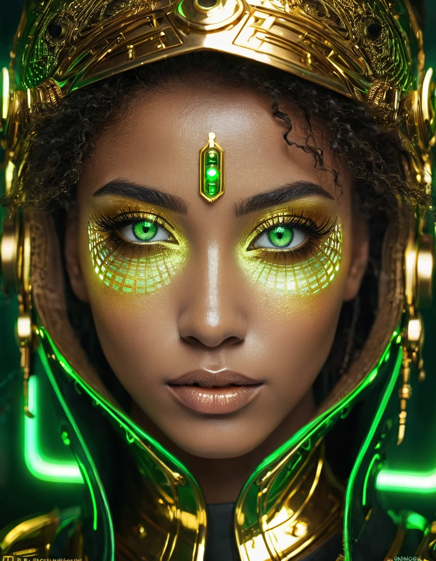 close-up of a woman with green eyes and golden makeup, cyberpunk art, вдохновленный WLOP, trends on CGSociety, Afrofuturism, Brilliant eyes!! difficult, metal and Brilliant eyes, glowing green eyes, green Brilliant eyes, glowing golden eyes, Rossris | Afrofuturism, glowing magic eyes, With golden eyes, golden shining eyes, magical Brilliant eyes