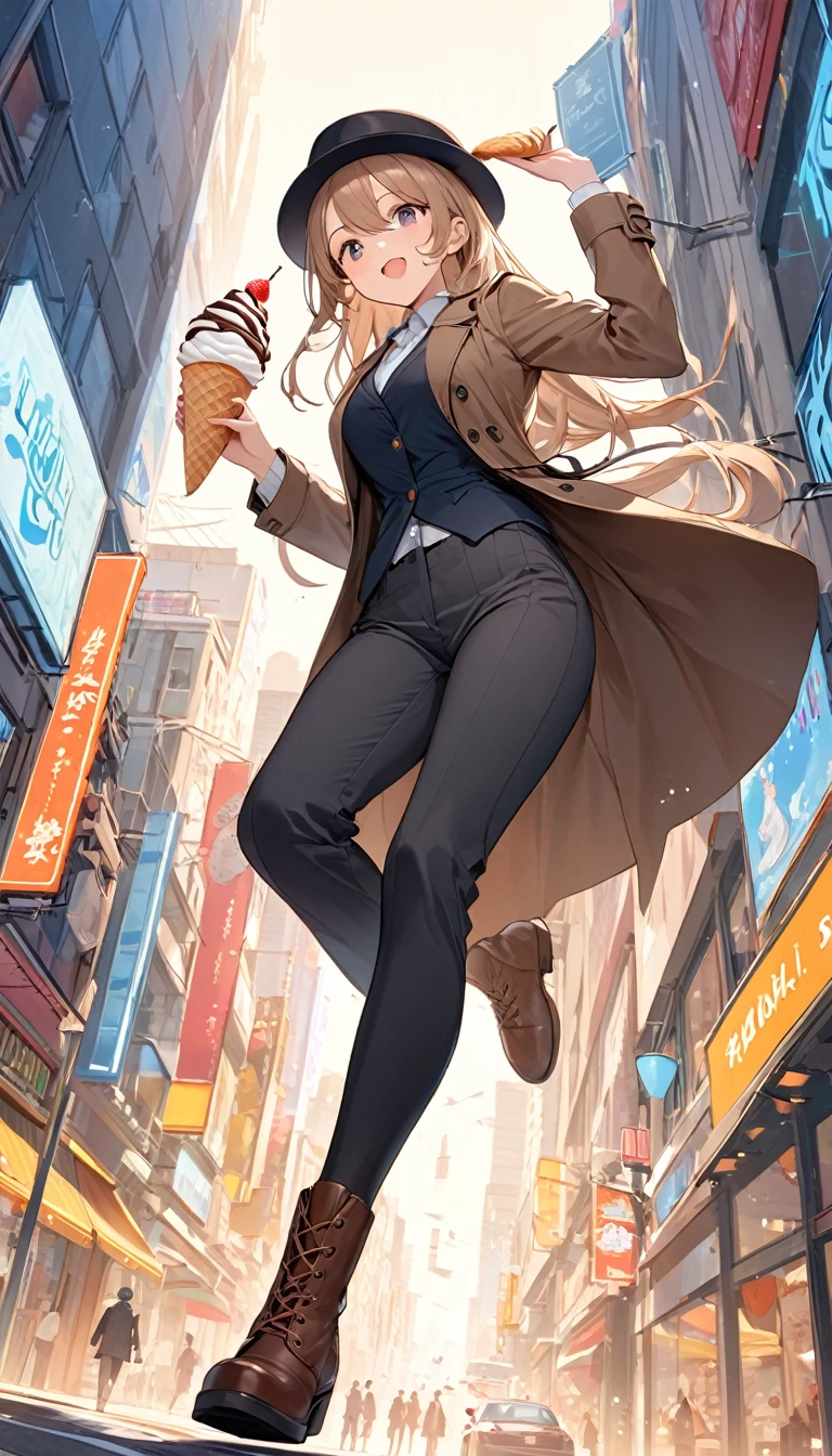 BREAK Perfect Anatomy、(High resolution:1.2)、Incredible illustrations、(Cute illustrations:1.2)、(dynamic angle,)
(Beautiful background())
1girl(Fedoras, trench coats, vests, slacks, riding boots,1girl((a girl,slender 1.7meters, 50kg,eat soft serve ice cream