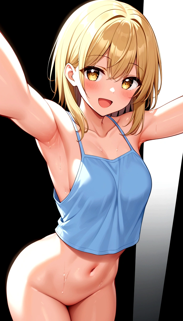1girl, (armpit), cute shirt, exposed shoulders, no panties, navel, (toned midriff:0.5), (single hair color), happy, (toned arms:0.1), (light casting shadow on body)