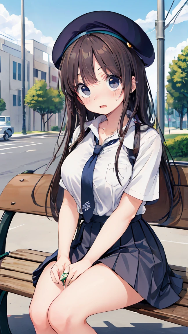 A woman taking a photo, A shy smile, Happy, Long Hair, Straight hair, Fine skin, Beautiful Hands, Beautiful fingers, Wearing a beret, tie, Short sleeve blouse, Pleated skirt, Thighs, Absolute area, Knee socks, Daytime, Hot summer day, School, Schoolyard, Sitting on a bench, Canned juiceを持っている, Natural light, Detailed face:1.2, Sharp focus, Hasselblad Photos, masterpiece, light makeup, Cinema Lighting, 4K, Highest quality, Sharpness, Anime Style, whole body, Canned juice, 